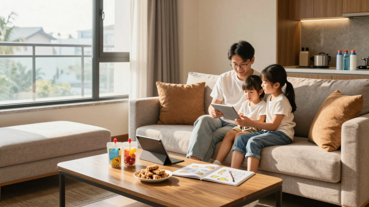 Family relaxing in hotel suite with snacks and entertainment items