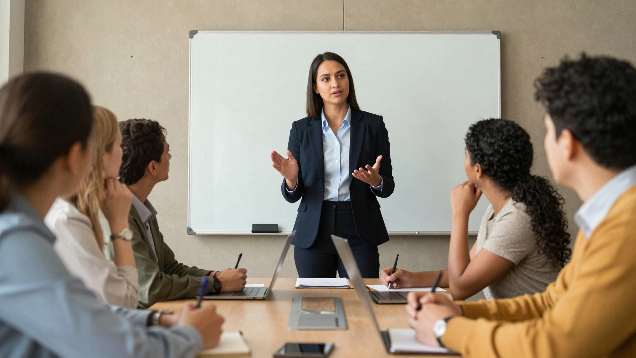 Female leader presenting ideas to engaged team in bright conference room