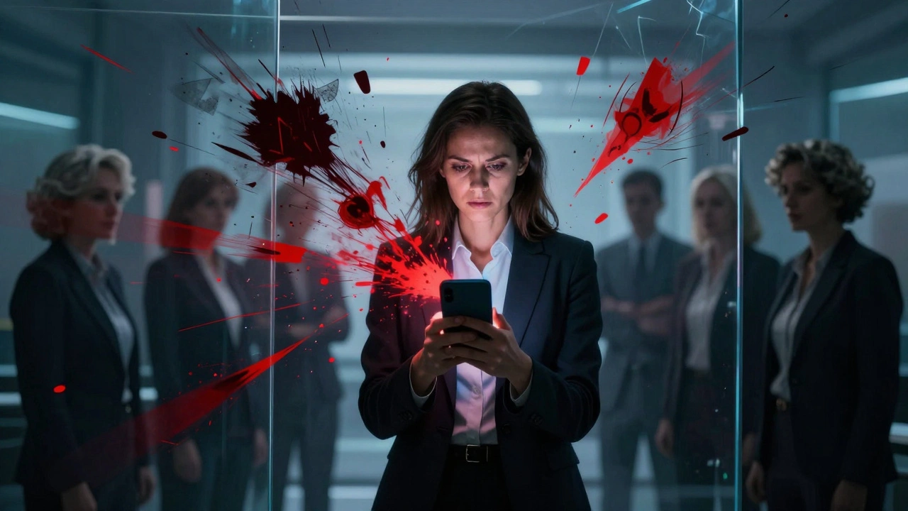 Female politician facing digital harassment clouds and glass barriers in a symbolic political scene.
