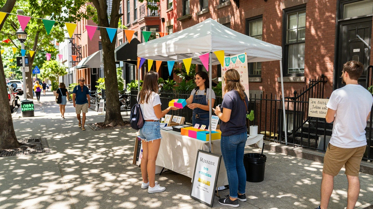 Female vendor engaging customers at a colorful sidewalk pop-up shop