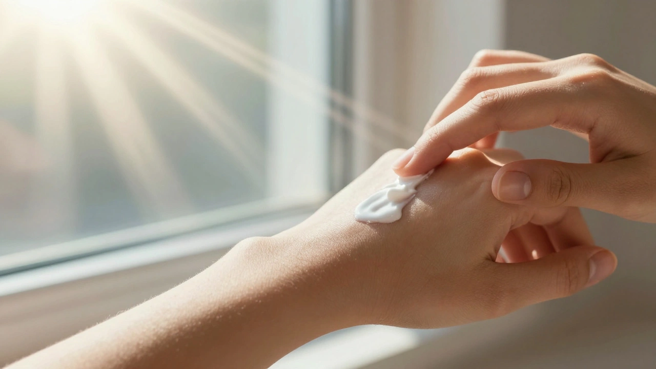 Hand applying sunscreen near a window with visible sun rays penetrating glass.