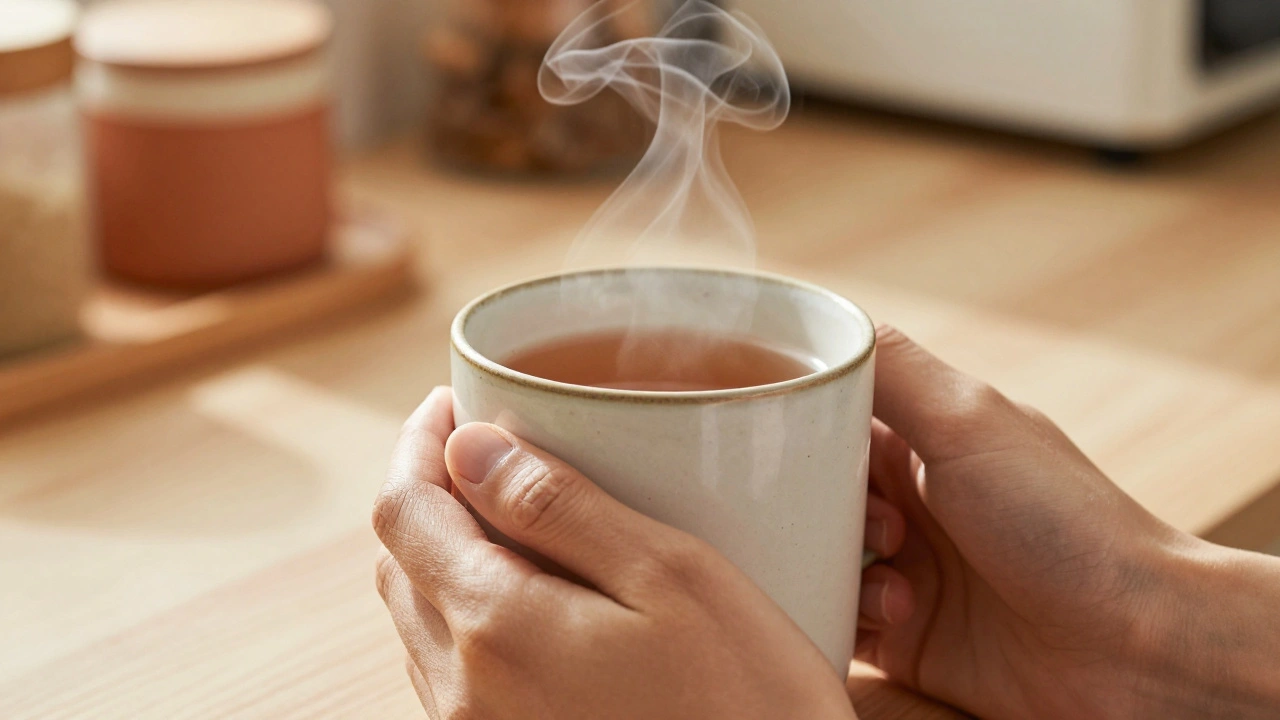 Hands holding a warm mug of tea, capturing a moment of sensory grounding and pause.
