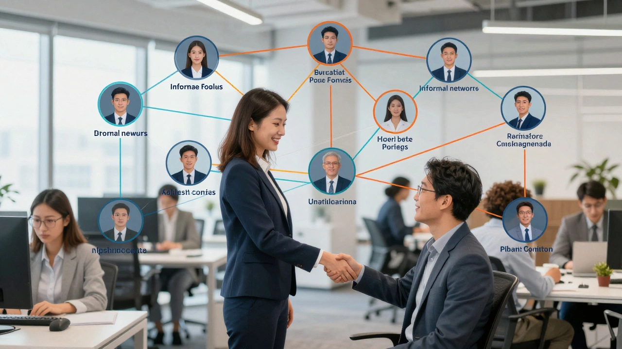 Illustration of invisible workplace power networks connecting employees
