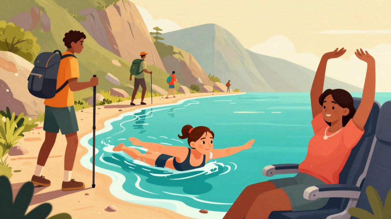 Illustration of women swimming, hiking, and flying comfortably during their period.