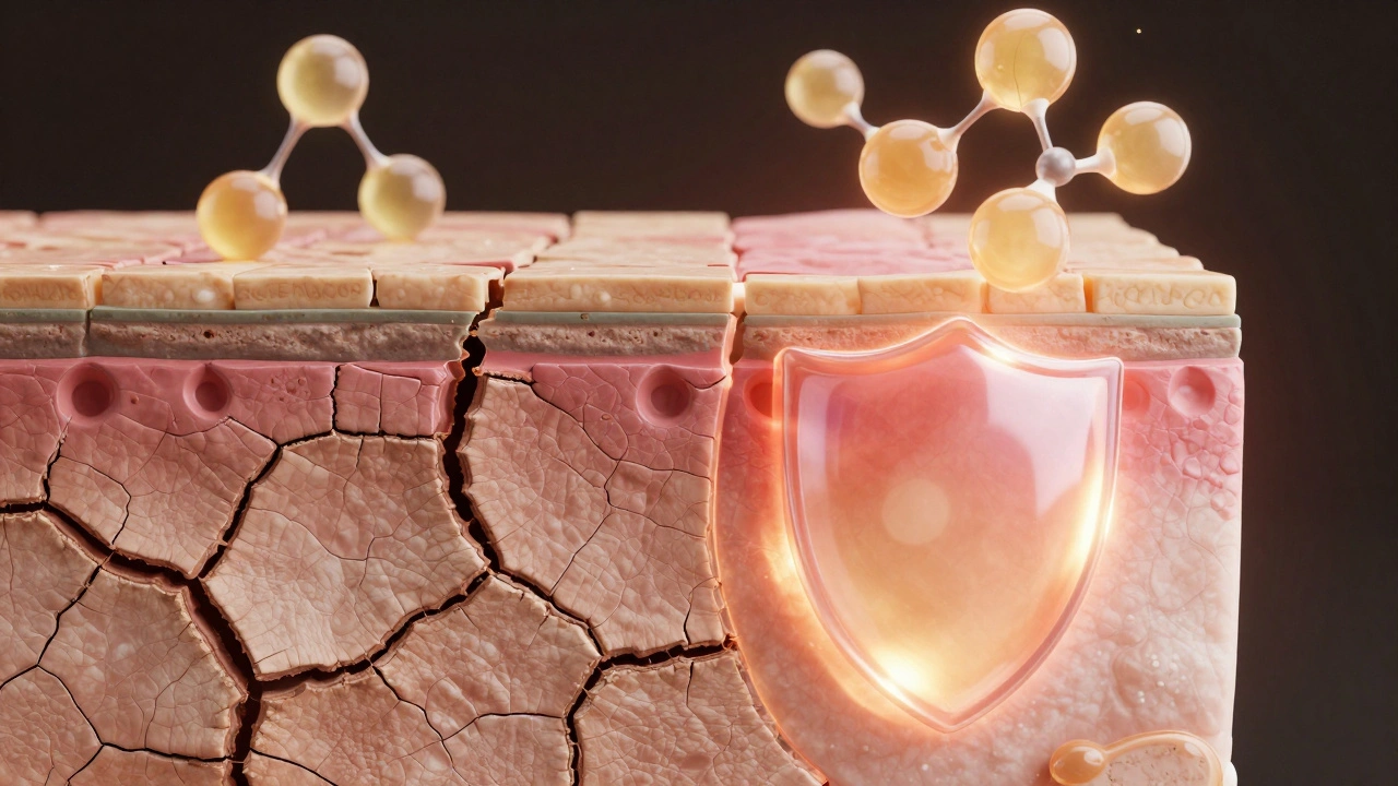 Illustration showing skin barrier repair and hydration with glowing results.