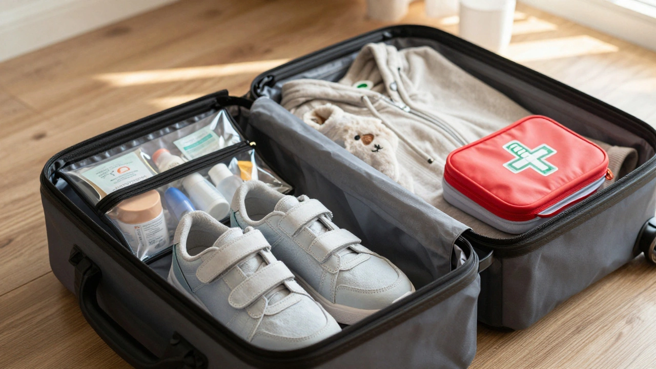 Open travel bag with toddler essentials like velcro shoes and toys