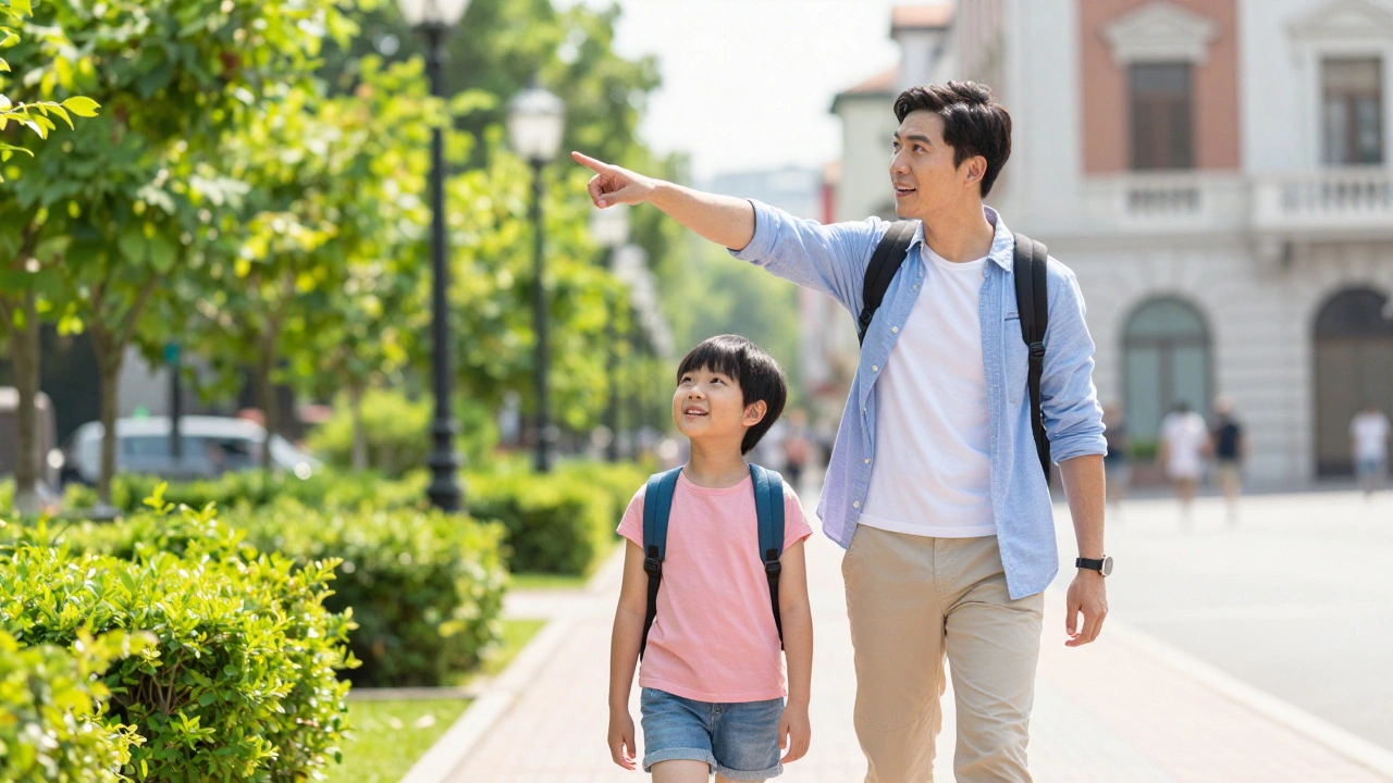 Parent showing something interesting to child during city walk