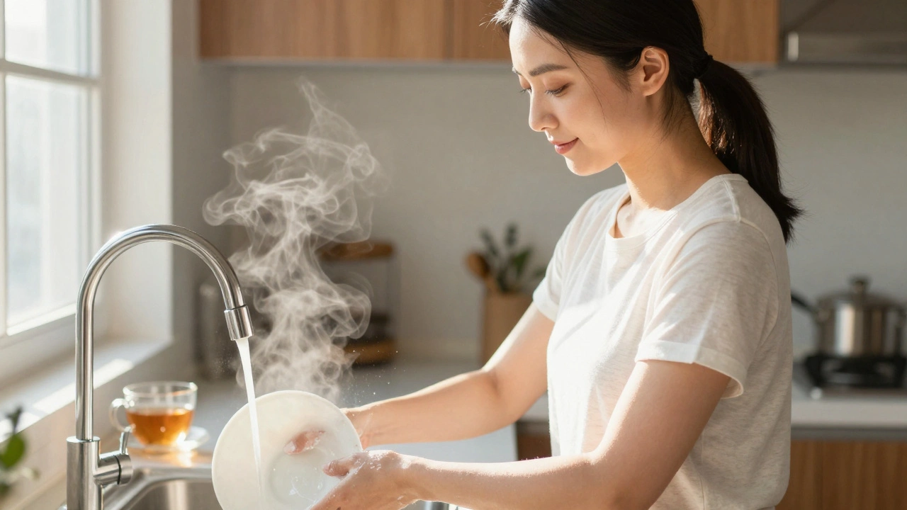 Peaceful woman washing dishes with morning light, practicing mindfulness.