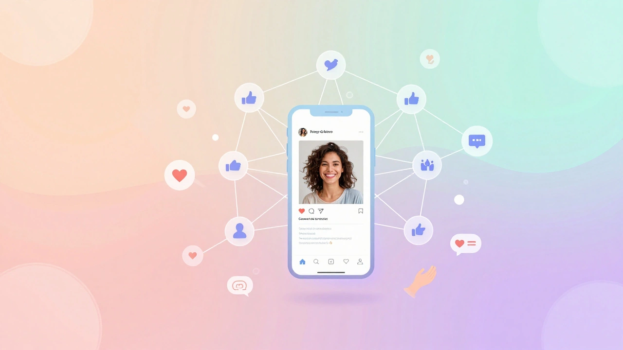 Smartphone displaying customer photo connected to a network of social shares