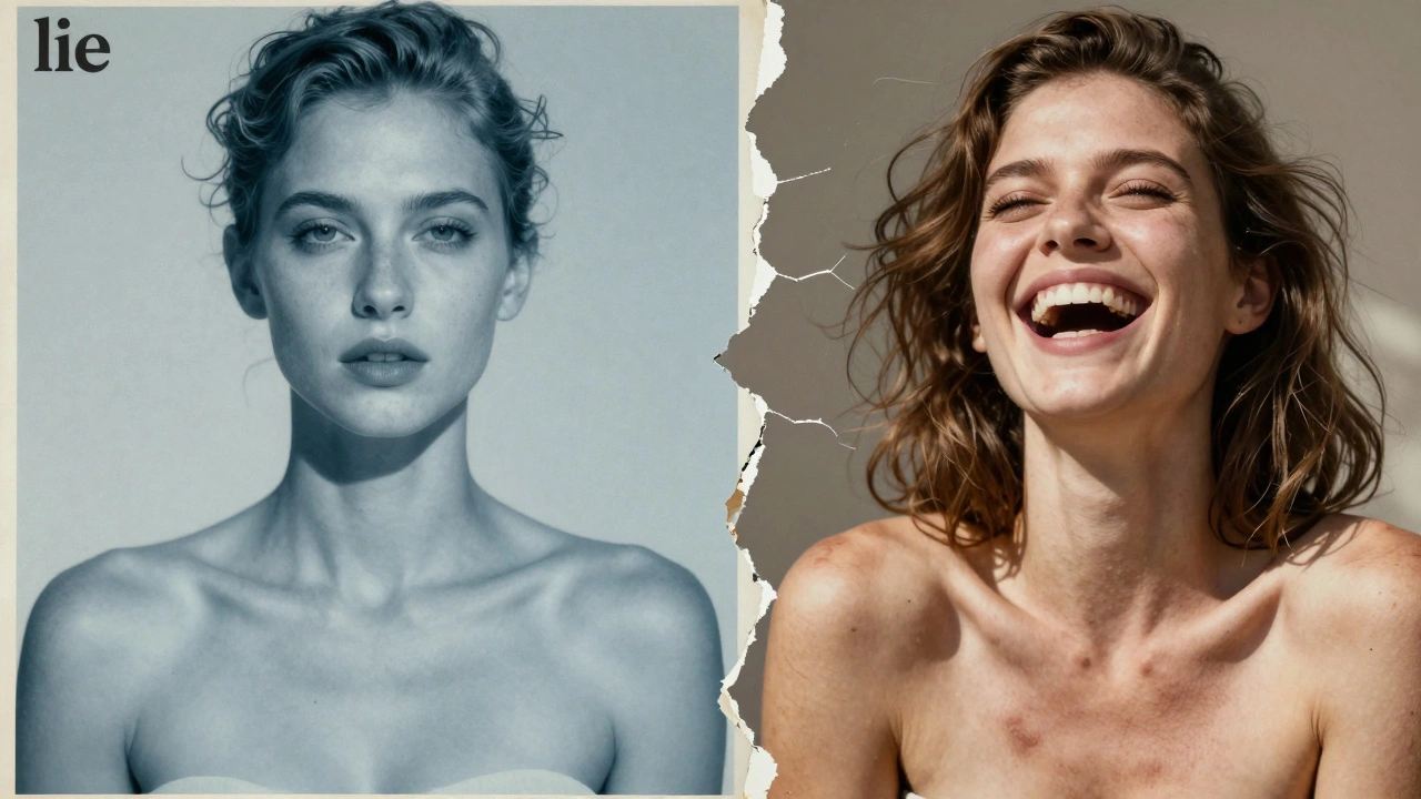 Split image contrasting airbrushed model with real woman embracing her skin
