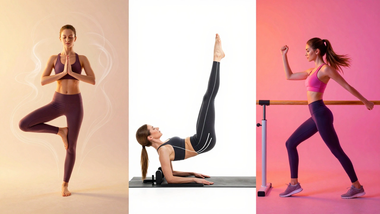 Split image showing yoga flow, Pilates core work, and barre endurance exercises.