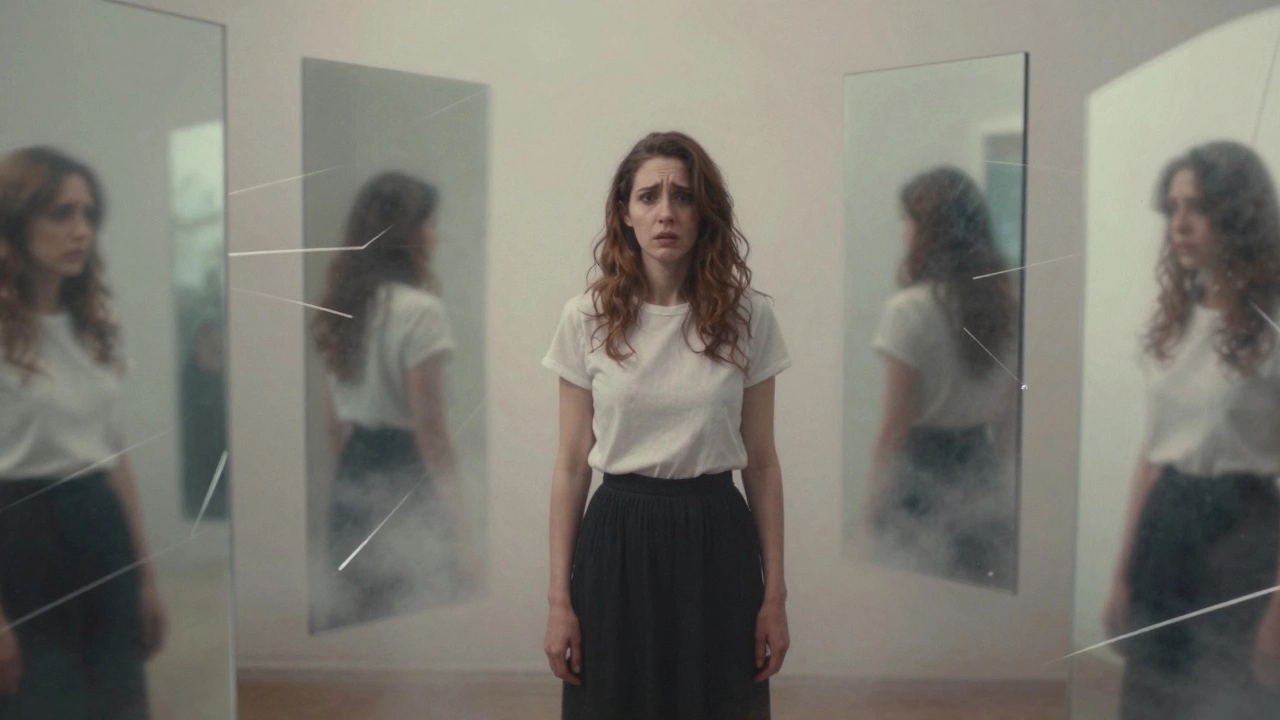 Surreal art showing woman surrounded by distorted mirrors