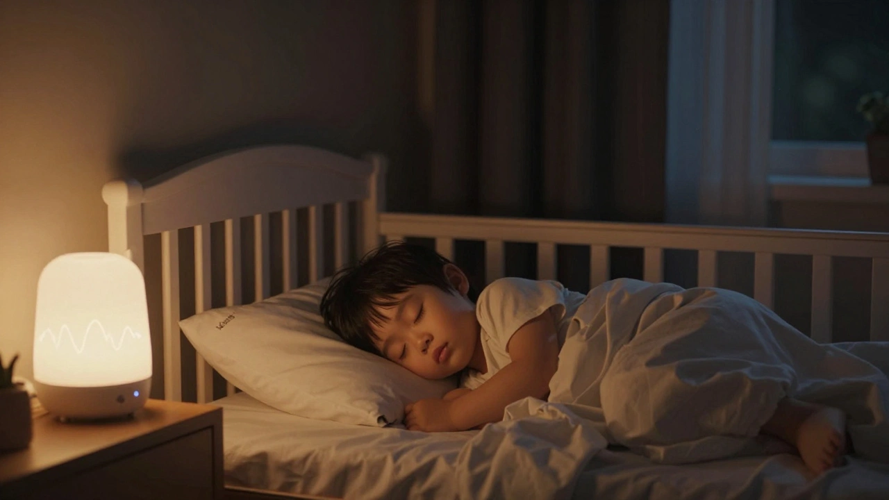 Toddler sleeping peacefully in dark hotel room with white noise