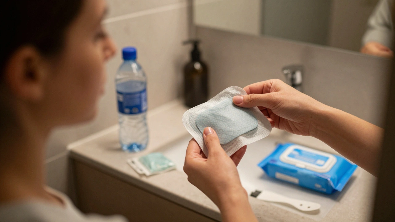 Traveler using a heat patch and water for cramp relief in a hotel bathroom setting.