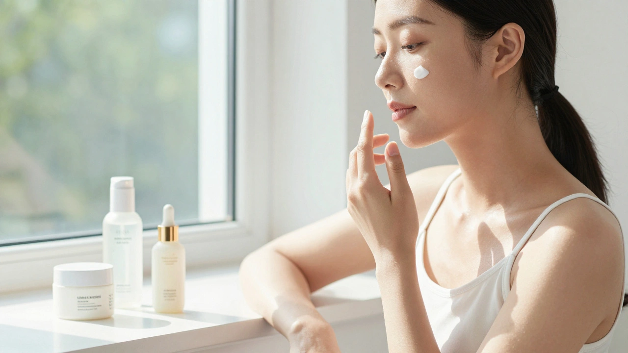 Woman applying gentle moisturizer in bright morning light
