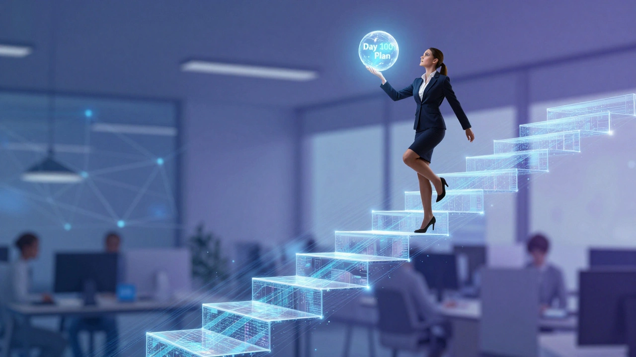 Woman ascending abstract staircase of light, symbolizing career strategy