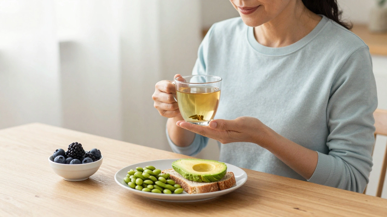 Woman enjoying herbal tea, edamame, and avocado for midlife nutrition and wellness.