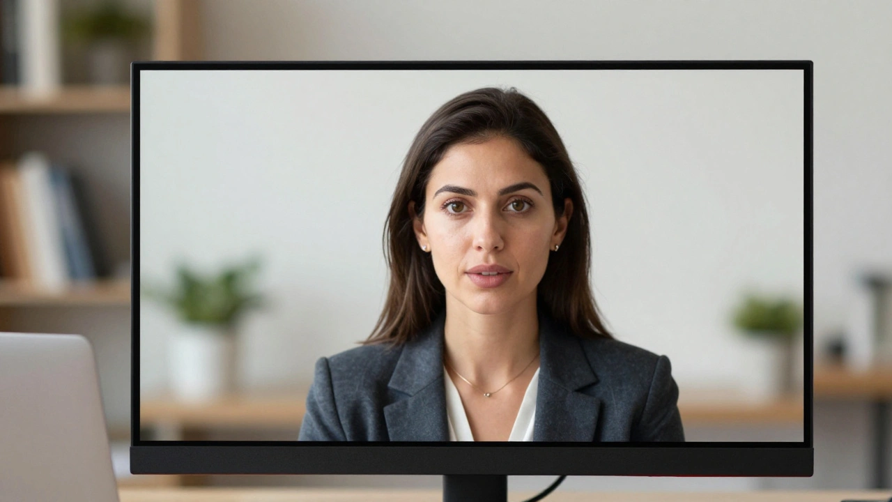Woman leader making direct eye contact during a virtual video interview