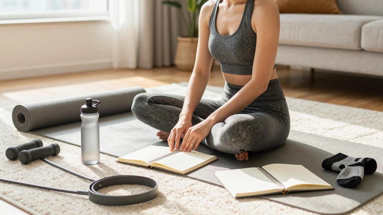 Woman preparing for fitness classes with mat, bands, and water in a sunny room.