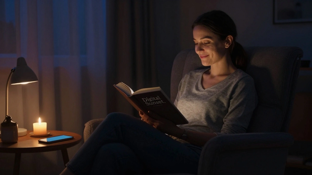Woman reading a physical book in a cozy room, phone away, enjoying digital sunset.