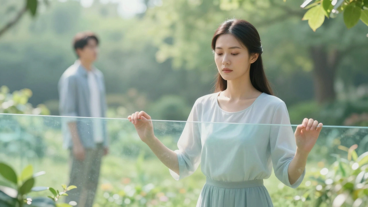 Woman standing peacefully in a garden, symbolizing healthy boundaries.