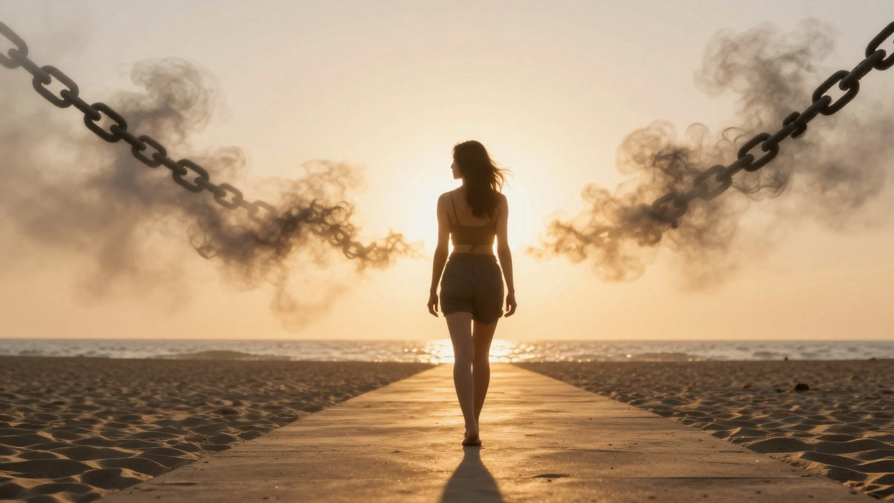 Woman walking toward sunrise as dark chains dissolve