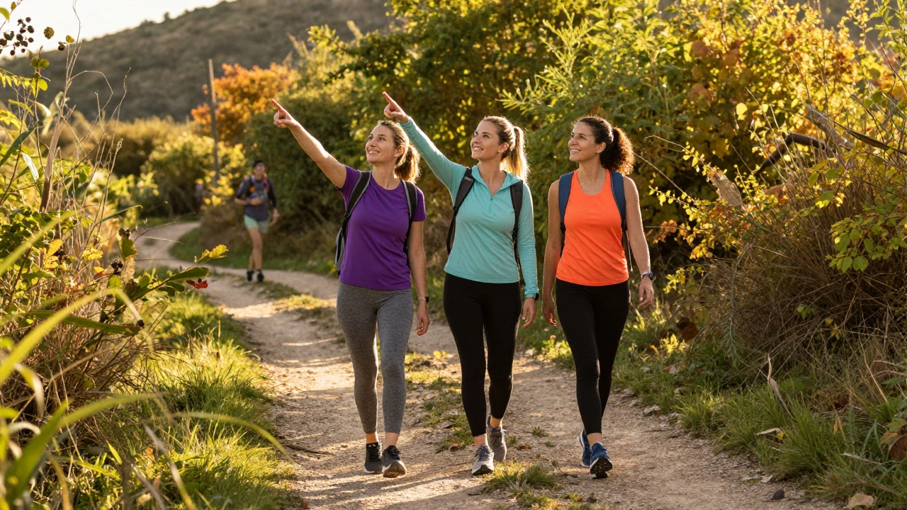 Women hiking together on a scenic trail during golden hour