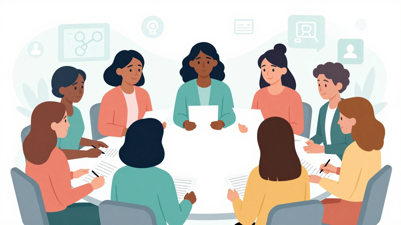 Women politicians collaborating and mentoring each other in a supportive workshop environment.
