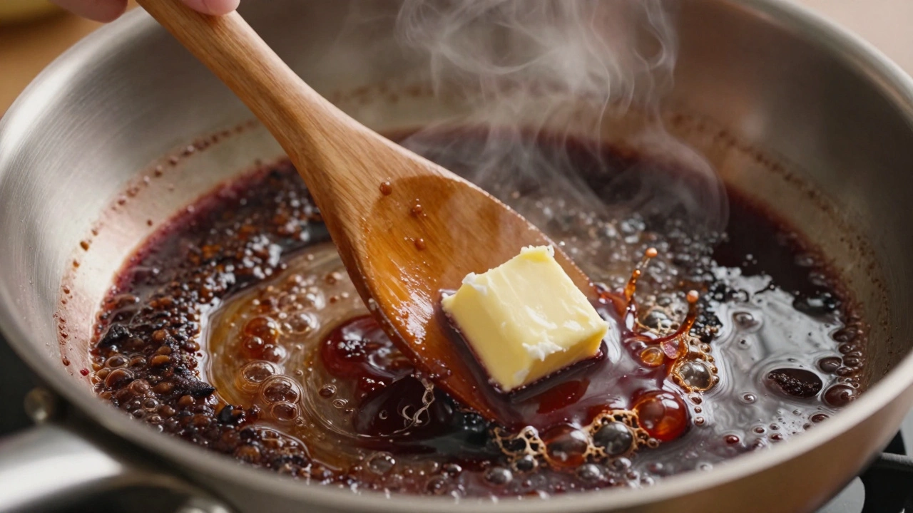 Wooden spoon scraping fond from a skillet while making pan sauce.