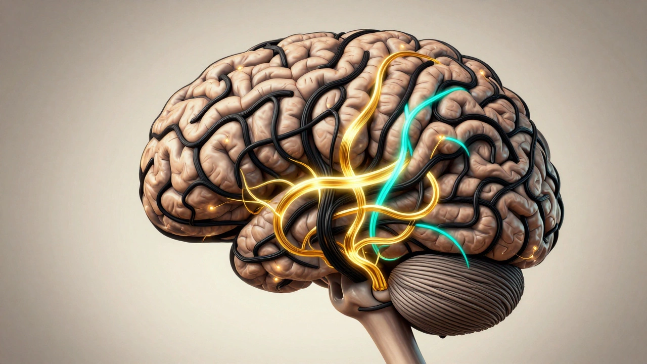 Artistic visualization of brain neural pathways being rewired with new positive connections