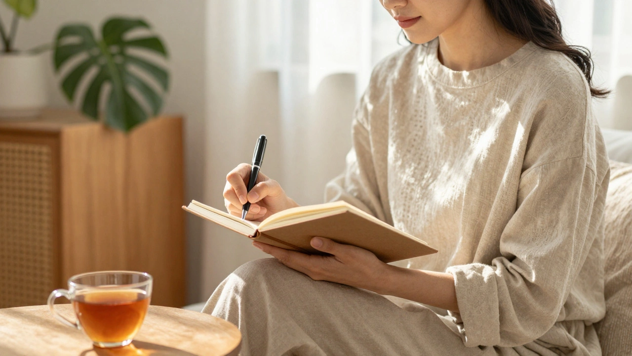 Calm woman journaling in a sunlit room representing mindfulness and self-compassion practice
