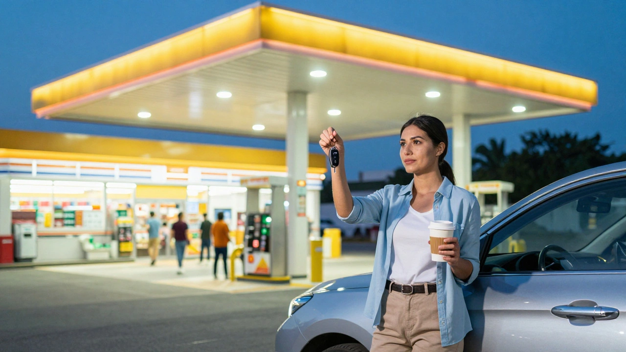 Solo female traveler refueling at a well-lit, busy gas station plaza