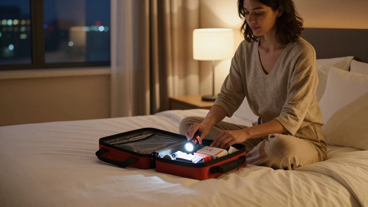 Woman organizing emergency safety kit in a cozy hotel room at night
