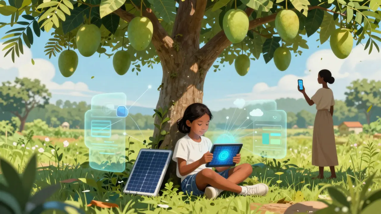 A girl using a solar tablet outdoors while a mother checks her phone