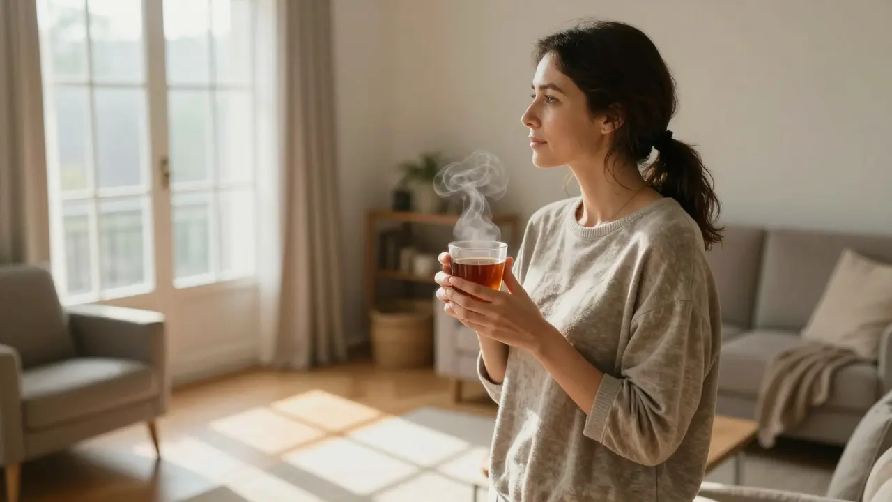 A relaxed mother drinking tea by a sunny window, enjoying a moment of peace