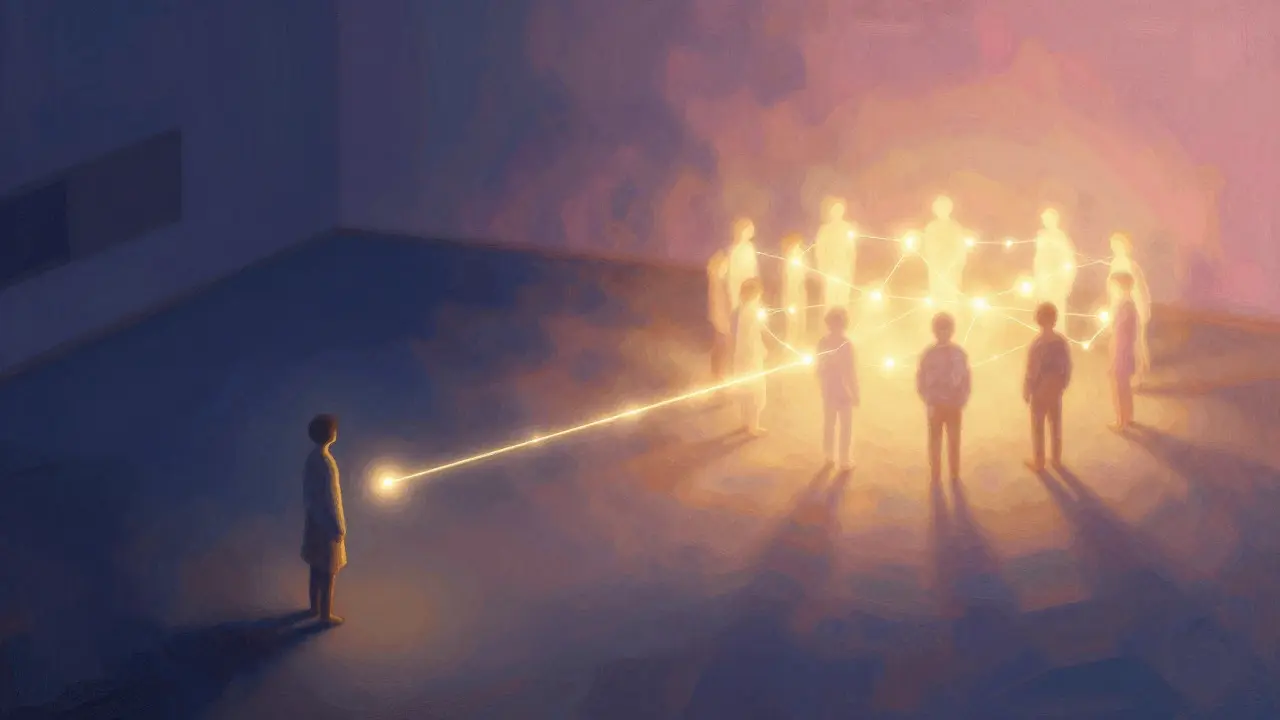 Abstract art showing a single light connecting to a group of people