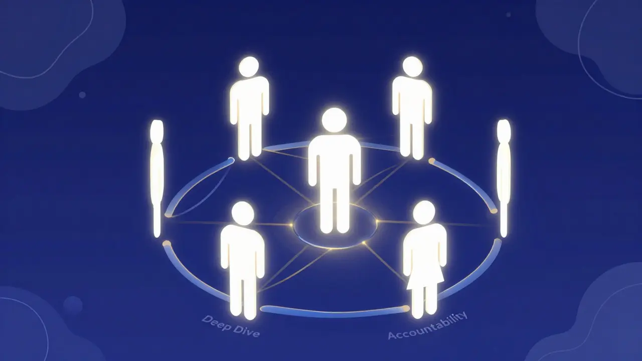 Abstract illustration of a central figure connected to six others by glowing lines