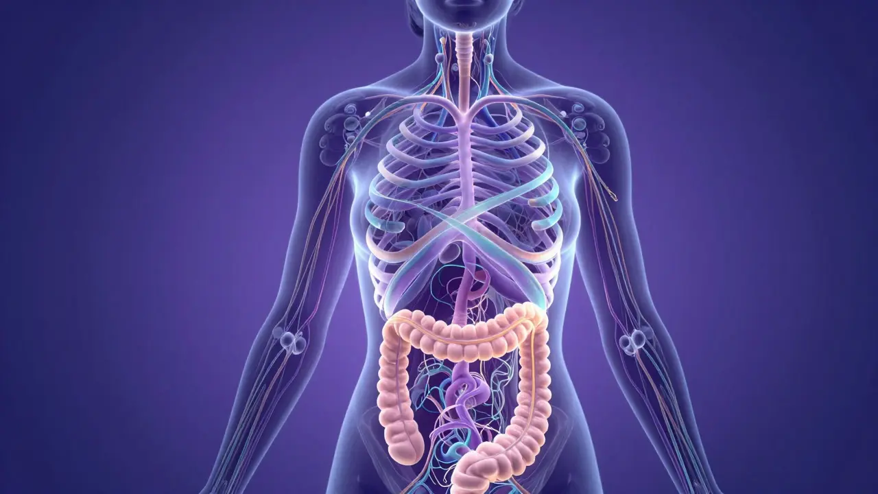 Abstract illustration of a female silhouette with glowing internal energy flows representing hormonal systems