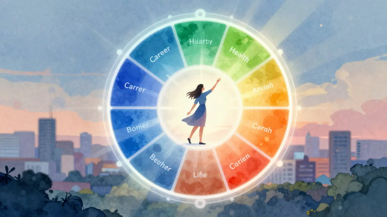 Abstract illustration of a glowing eight-segment wheel with a woman interacting with it