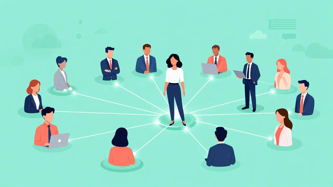 Abstract illustration of a professional network connecting a central woman to diverse colleagues