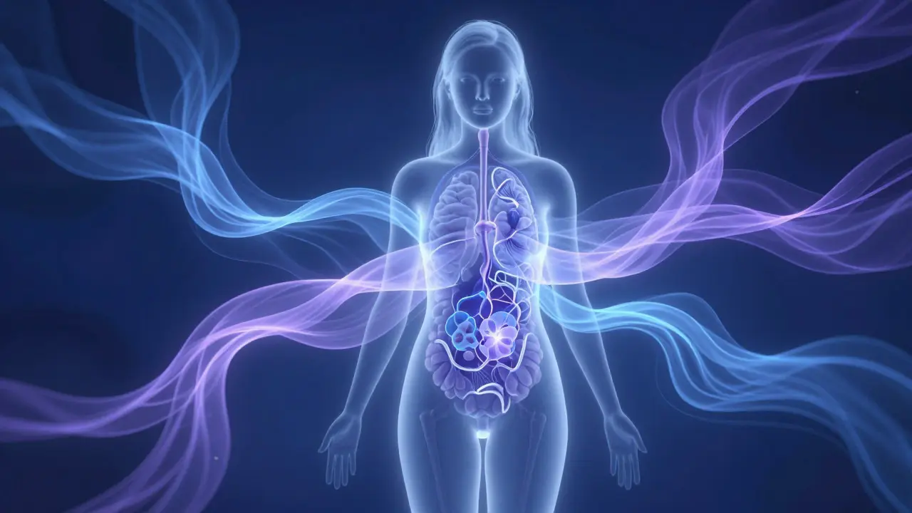 Abstract illustration of a woman surrounded by swirling hormone colors