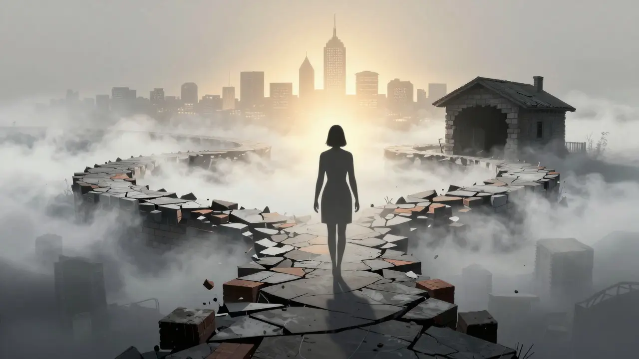 Abstract illustration of a woman walking a broken path toward a distant city