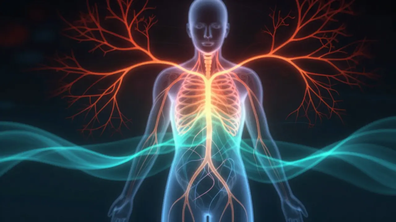 Abstract illustration of glowing nerves shifting from red to blue