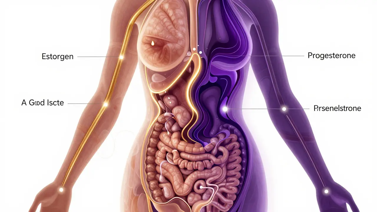Abstract illustration of hormonal cycles impacting insulin sensitivity and body composition
