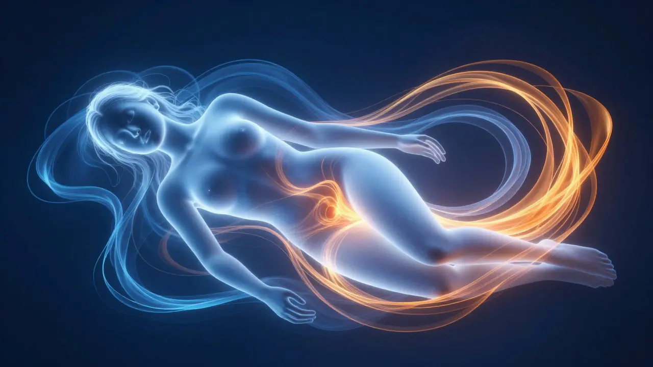 Abstract illustration of relaxation hormones surrounding a resting figure.