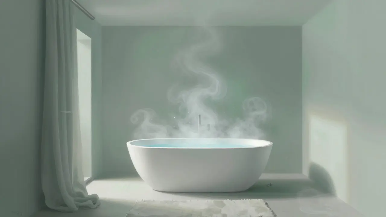 Abstract view of a minimalist bathroom with steam and soft light representing calm