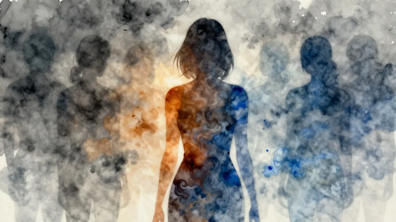 Abstract watercolor art of a woman made of swirling weather-like colors