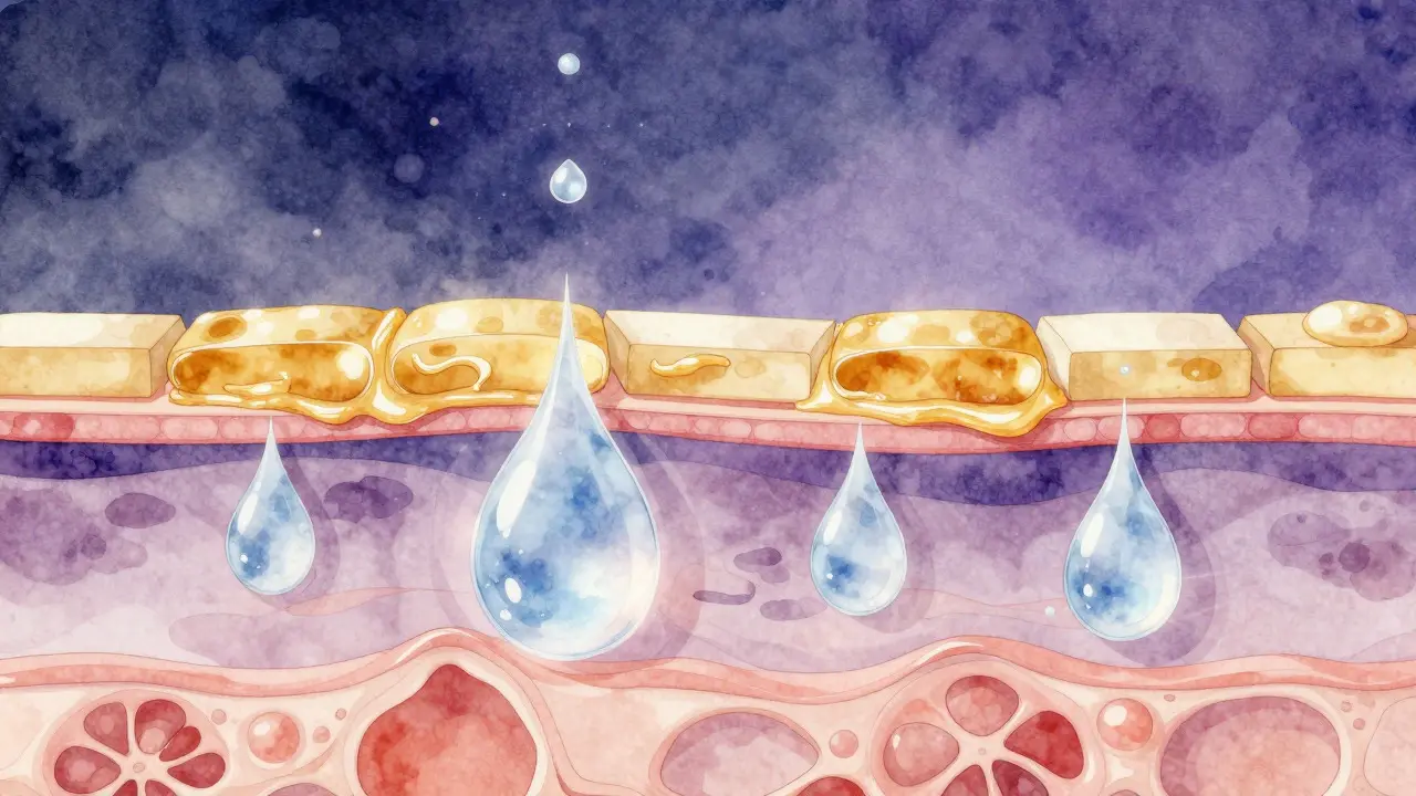 Abstract watercolor illustration of water droplets and lipid layers repairing skin barrier