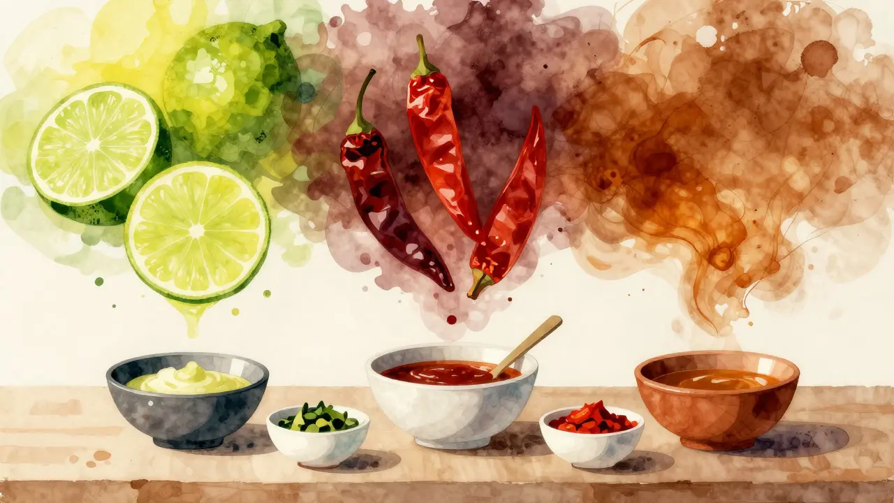 Abstract watercolor representation of Thai, Mexican, and Japanese flavor profiles