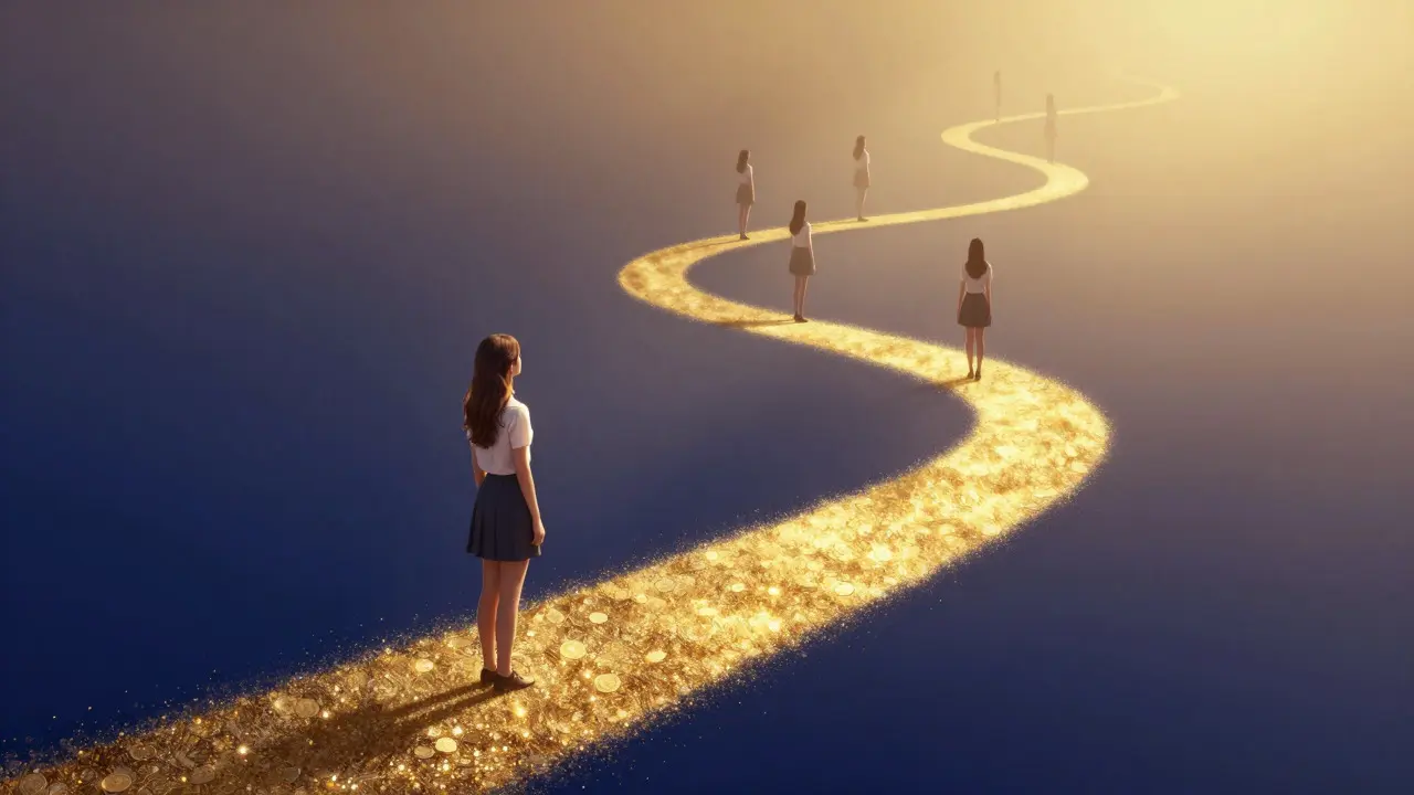 An artistic depiction of a woman walking an upward path of golden light